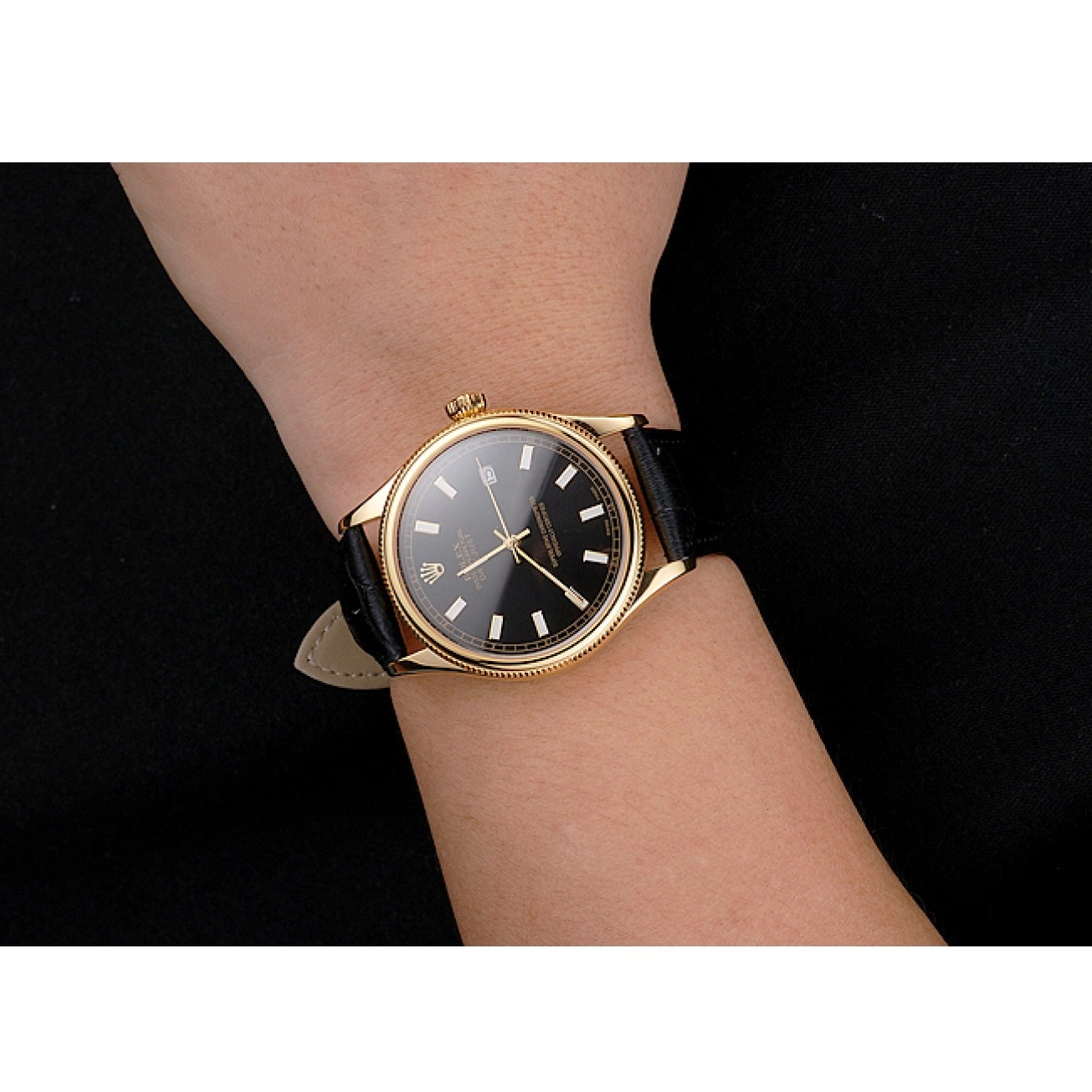 Rolex aaa copy Swiss Case Rolex Strap Leather Gold Black Black Datejust Dial 0626